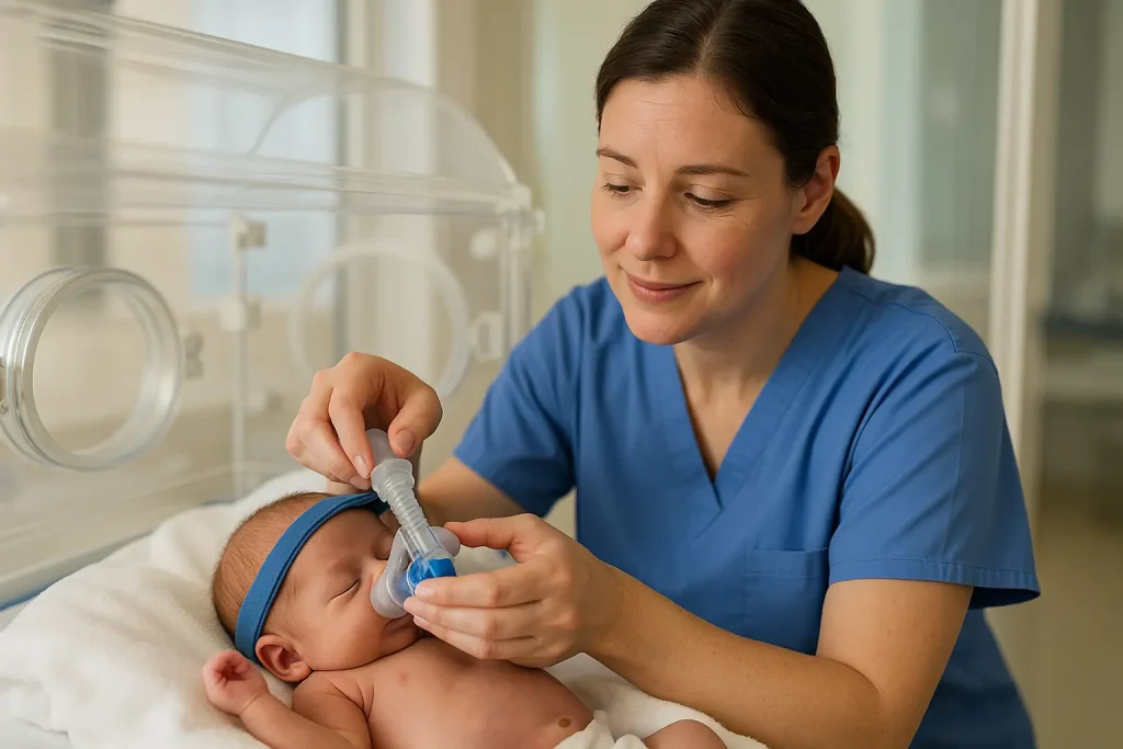 A NICU nurse provides gentle care for a premature baby with breathing problems, a hallmark of a top neonatal care unit.
