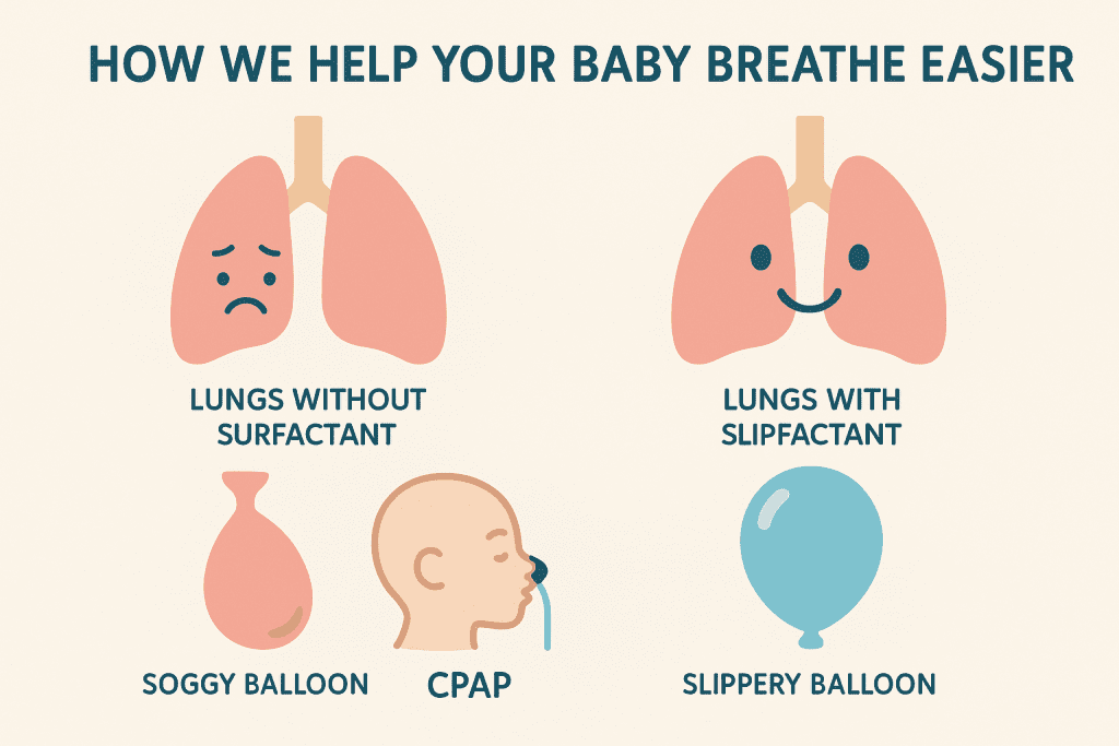 An infographic from Borneo Hospital explaining Infant Respiratory Distress Syndrome (IRDS) and the life-saving treatments like surfactant therapy used in the best NICU hospital.
