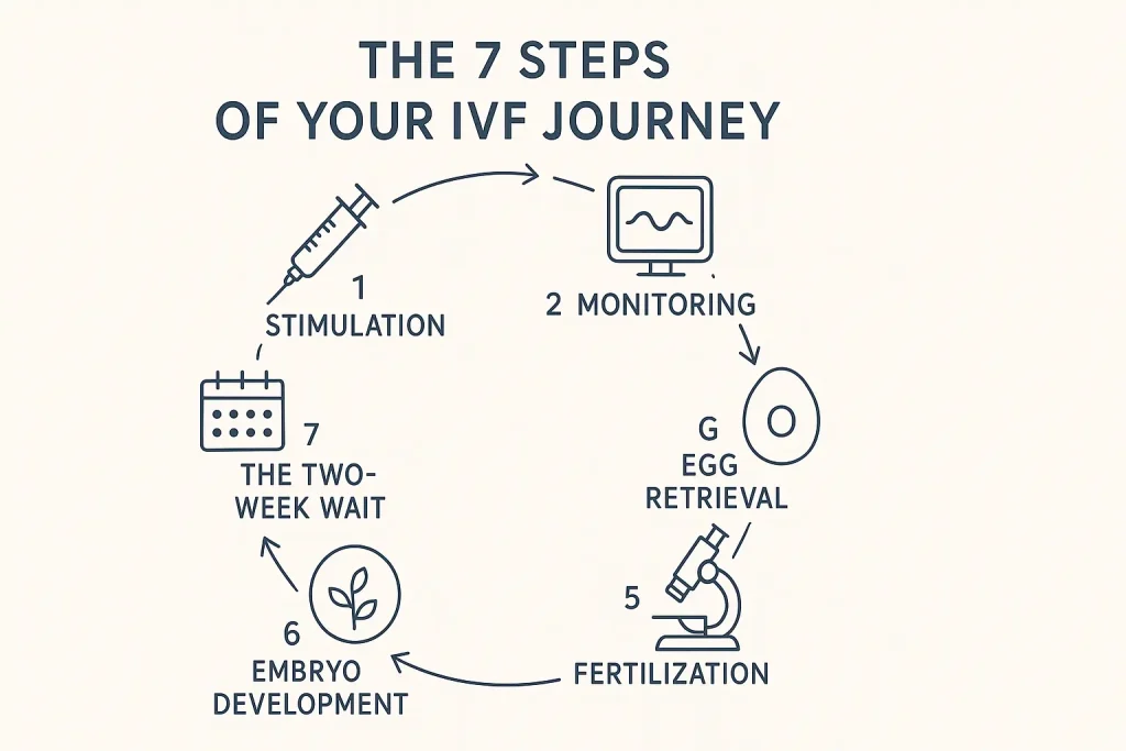 An infographic from Borneo Hospital showing the 7 steps of the IVF treatment process, from ovarian stimulation to the pregnancy test.